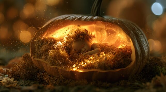Macro view of tiny sleeping flower fairy inside hollowed-out glowing pumpkin lined with soft moss, sparkling pollen located within magical fairy realm