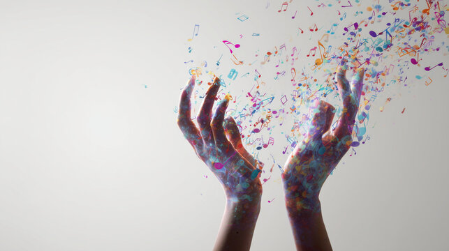 Hands releasing colorful music notes with surrounding empty space
