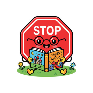 Cute cartoon stop sign character reading a magical fairy tale book in a garden.