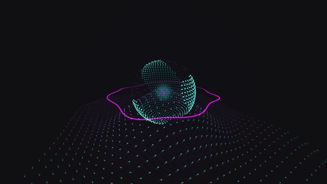Abstract digital sphere with wavy dot landscape floating in dark space as cinematic motion background.