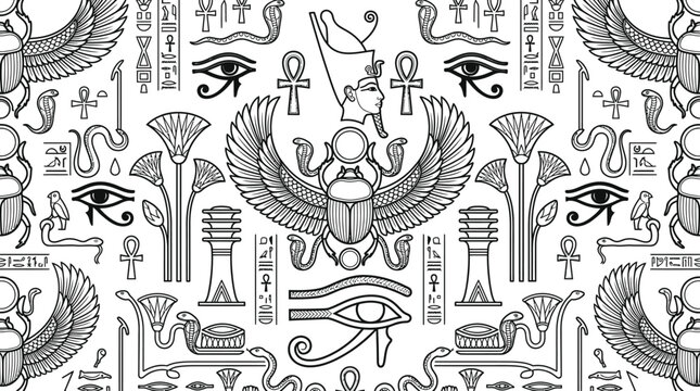 Seamless pattern background with ancient Egyptian symbols and hieroglyphics in black and white line art style.