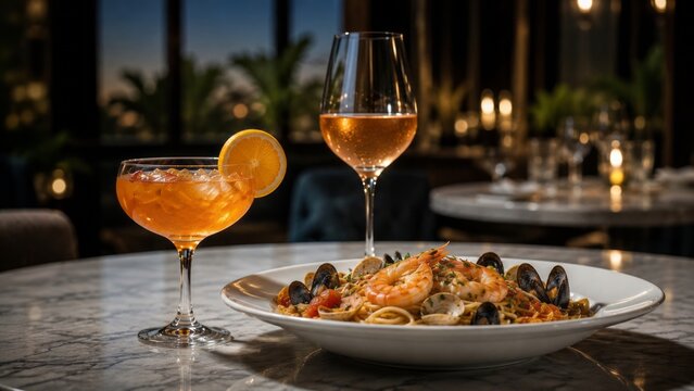 Elegant seafood pasta with shrimp and mussels served alongside a refreshing citrus cocktail and sparkling ros&eacute; in a sophisticated fine dining restaurant at evening.