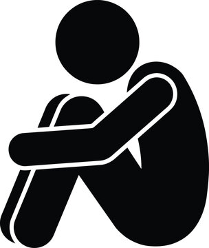 A black and white vector icon of a lonely person sitting on the ground hugging their knees tightly