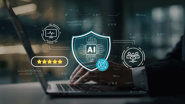 Enterprise leader working digitally with secure machine learning operations platform with intelligent automation controls and AI protection framework in modern office