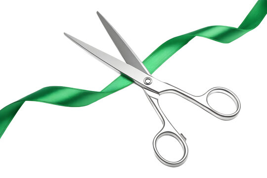 Silver Scissors Cutting Green Satin Ribbon Grand Opening Isolated on Solid White Background