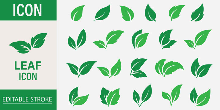 Leaf sprout icon vector set, green leaves plant eco logo symbol simple graphic illustration set, vegan fresh herb pictogram shape sign, organic natural healthy logotype eps 10
