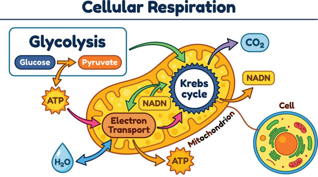 Cellular respiration diagram showing glycolysis krebs cycle electron transport chain mitochondrion energy process vector illustration