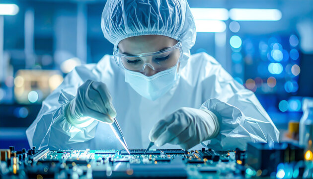 Technikerin pr&uuml;ft Leiterplatte im Reinraum