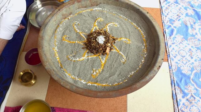 Sacred hindu sun symbol drawn in ash for religious ceremony a detailed close-up of a circular