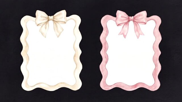 Two scalloped watercolor gift tags with pink bows on black.