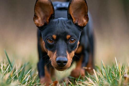 Miniature Pinscher Dog Focused on Prey; Alert Mini Pincher Playing Outdoors in Nature; Active Small Breed Pet with High Prey Drive and Intense Expression