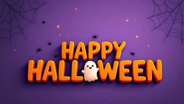 Happy Halloween bold orange text with friendly ghost and spooky spider web decorations