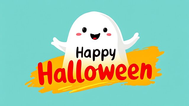 Cute cartoon ghost character saying happy halloween on a bright background
