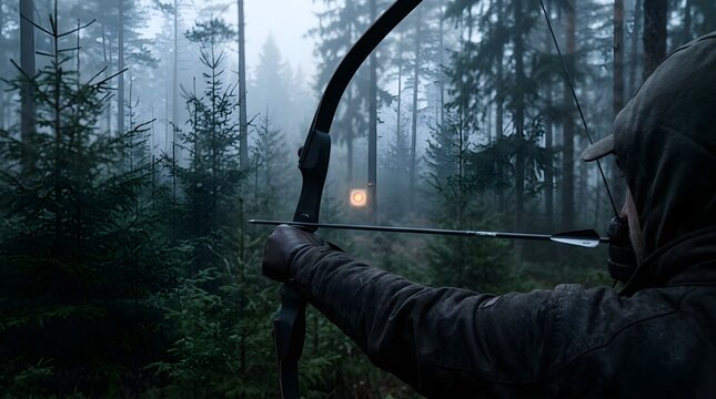 Archer aiming compound bow at target in misty pine forest