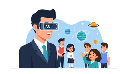 Fototapeta premium A male instructor wearing augmented reality goggles shows interactive solar system planets to a group of curious schoolchildren during an immersive technology lesson inside a modern academic