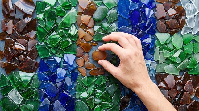 Overhead view of a hand sorting colorful sea glass fragments, placing an amber piece among green, blue, and brown ocean glass pieces on a slate background