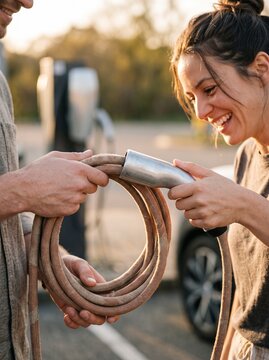A cheerful young couple holds an electric vehicle charging cable together at an outdoor EV charging station during golden hour