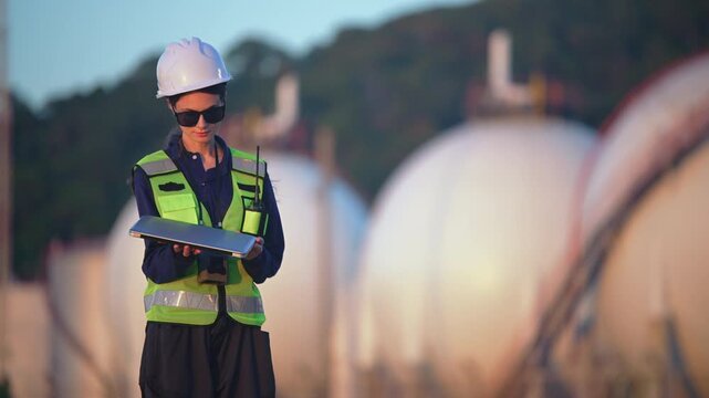 Professional engineering working at Industrial Gas Storage Facility, Project at refinery plant, Industrial inspection, modern construction technology, Oil and Gas Petrochemical industry.