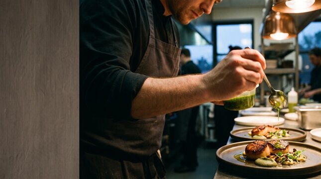 Professional male chef meticulously garnishing seared scallops with green herb sauce in a luxury restaurant kitchen