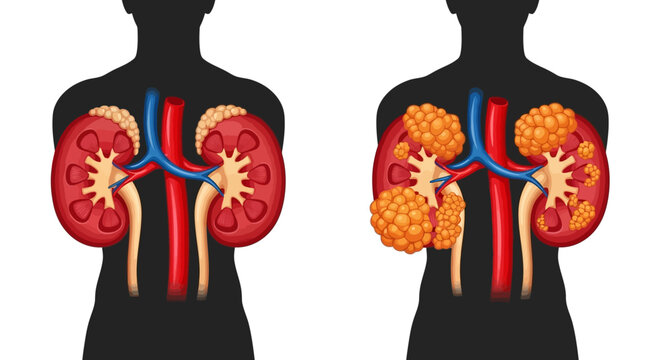 Human torso silhouette showing healthy and polycystic kidneys.