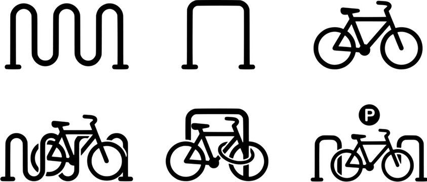 Bicycle parking icon set in a flat black silhouette style including bike racks, parking signs and mountain bikes.