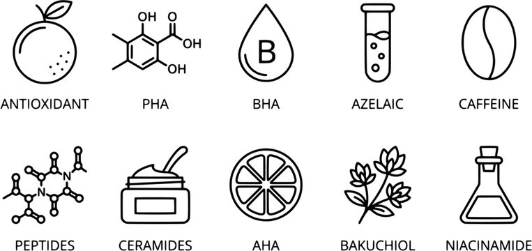 Skincare ingredient icon set in a line art style including antioxidant, acid, peptide, caffeine and botanical symbols for cosmetic product packaging.