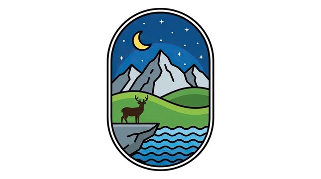 Badge illustration of mountains, deer, and night sky.