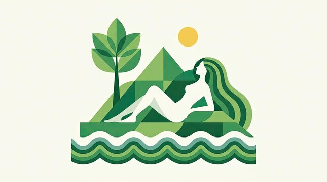 Artistic landscape with woman and geometric nature.