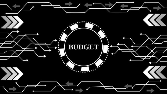 Futuristic digital budget management with glowing neon arrows and data flow on dark tech,kand 4k animation ..........