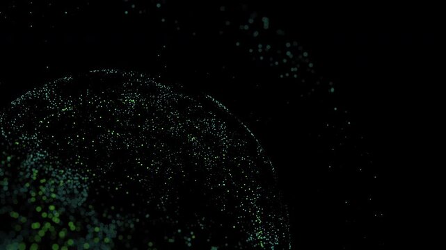 A mesmerizing abstract image featuring a dynamic wave of glowing green and teal digital particles against a deep black background. The vibrant dots create a sense of advanced technology, data flow,
