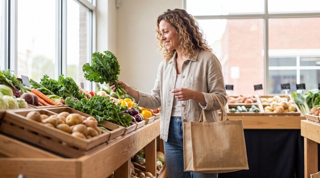 Woman shopping for organic vegetables in market with smiling expression  