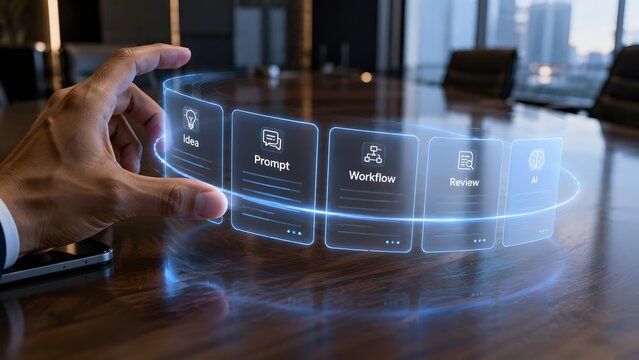 Business professional using advanced holographic interface for prompt engineering to optimize artificial intelligence software development and data analysis