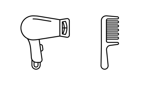 Hair dryer and comb icons. Beauty salon tools isolated on transparent background.