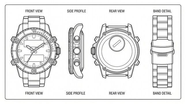 Technical Line Drawing of a Wristwatch with Front, Side, Rear Views and Band Detail - Watch Design Schematic