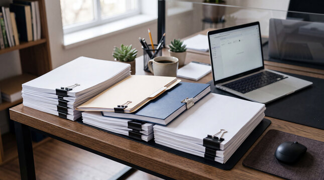 A neat stack of unprinted office documents with a black binder clip, a modern laptop, and a coffee mug on a wooden desk.