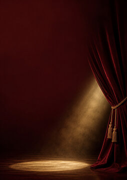 Luxury theater stage with red curtain and spotlight, elegant poster template with copy space