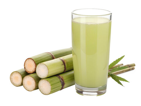 Fresh Sugarcane Juice Glass with Sugarcane Stalks Isolated on Solid White Background