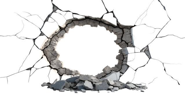 Cracked Hole in Concrete Wall Broken Plaster Overlay Isolated on Solid White Background