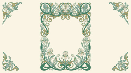 Elegant Art Nouveau floral frame design with intricate iris flower motifs and decorative corner ornaments. © Dikzma