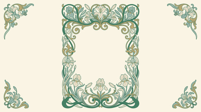 Elegant Art Nouveau floral frame design with intricate iris flower motifs and decorative corner ornaments.