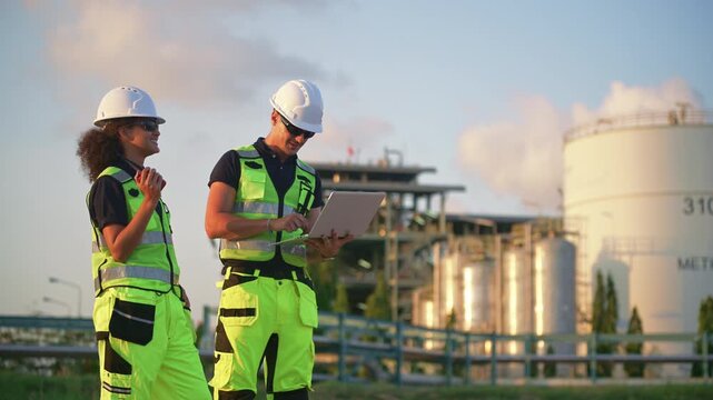 Industrial engineers inspecting an oil and gas refinery, reviewing plant operations and discussing maintenance, safety and energy infrastructure, refinery plant industry factory, Petrochemical plant.