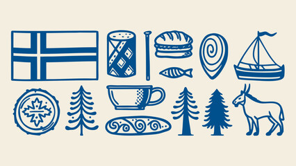 hand drawn sketch style collection of various objects on beige background flag salt shaker hamburger fish boat © Chapala