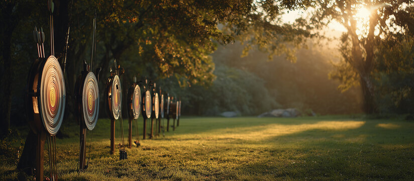archery bows with targets on park