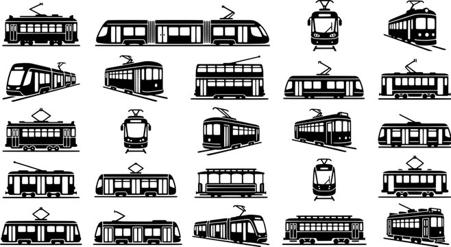 Tram icon set in a flat black silhouette style including vintage streetcars, modern light rail vehicles, and cable cars.
