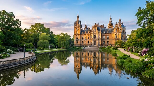 Schwerin castle, a historic palace located on an island in lake schwerin in mecklenburgvorpommern, germany, surrounded by lush gardens and a scenic pond