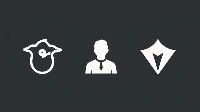 "Three white icons on a dark background: stylized bird head in circle, professional figure with tie, and geometric shield/pen nib, symbolizing creativity, business, and protection in modern design."