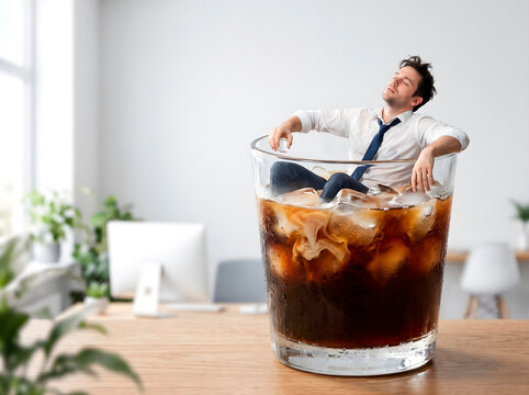 Playful surreal scene of an exhausted office worker sitting inside an enormous transparent glass of iced coffee as if it were a tiny swimming pool