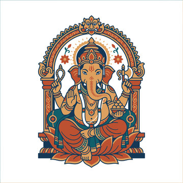 Traditional Vector Illustration of Hindu God Lord Ganesha Sitting on Lotus Throne with Ornate Arch