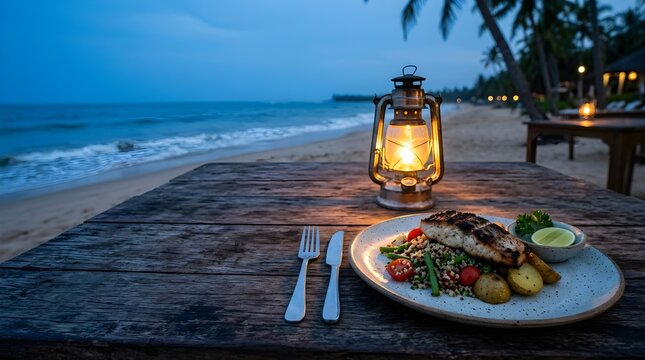 Grilled fish dinner served on a wooden table at a beach during twilight