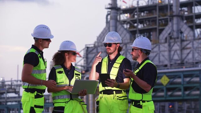 Industrial engineers inspecting an oil and gas refinery, reviewing plant operations and discussing maintenance, safety and energy infrastructure, refinery plant industry factory, Petrochemical plant.